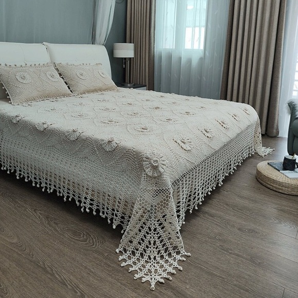 Exquisite Vintage Handmade Crochet Star Shaped Linen Bedspread Throw Table Cover - Picture 14 of 16